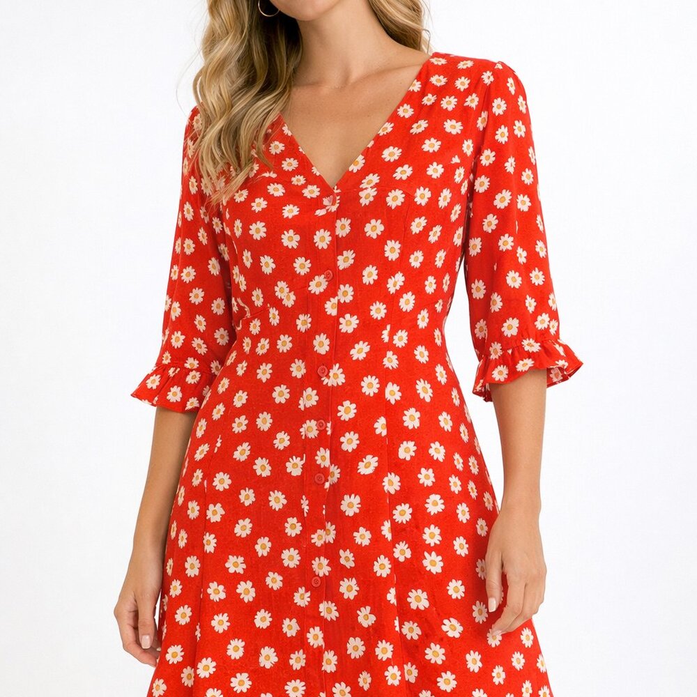 Rixo Red Floral Daisy Mini Dress Sz 6 Puff Sleeve A-Line Spring Style